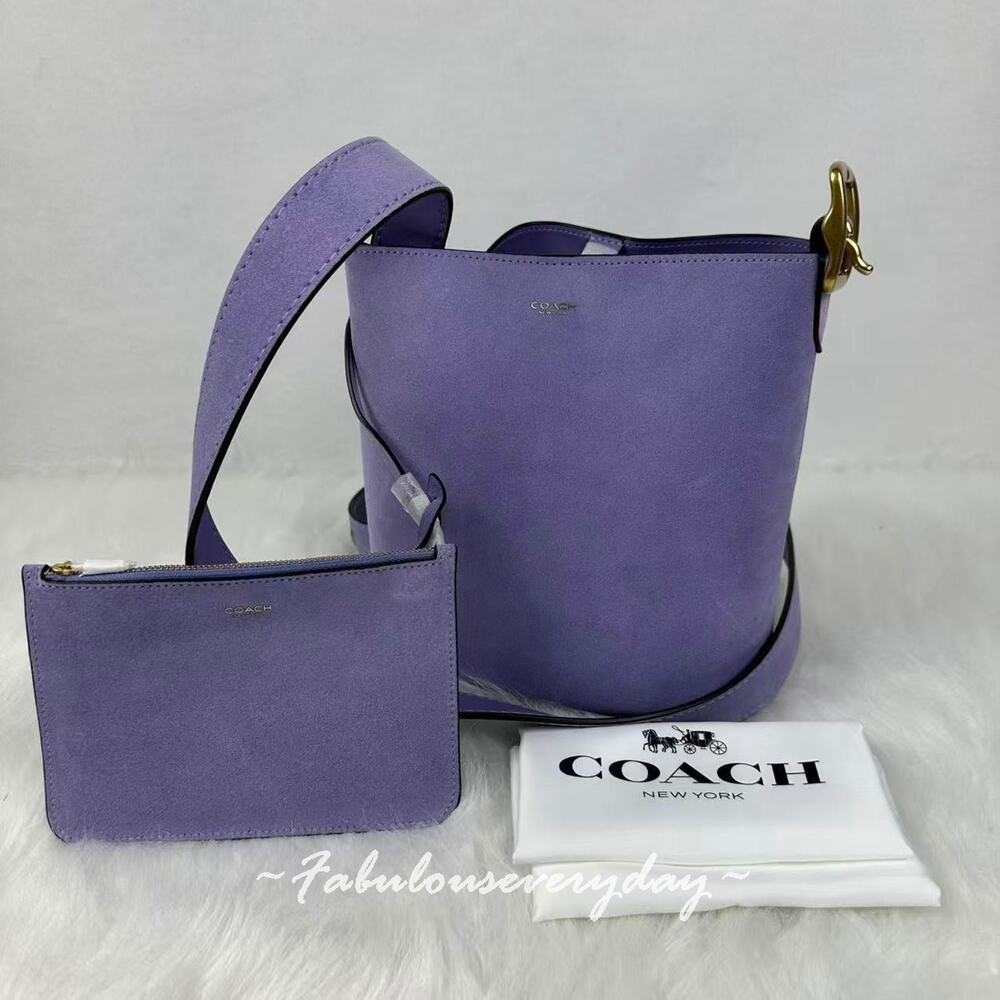 Coach Bleeker Bucket Bag 21 Crossbody in Suede/Brass/Violet Mist CCW84 + Pouch